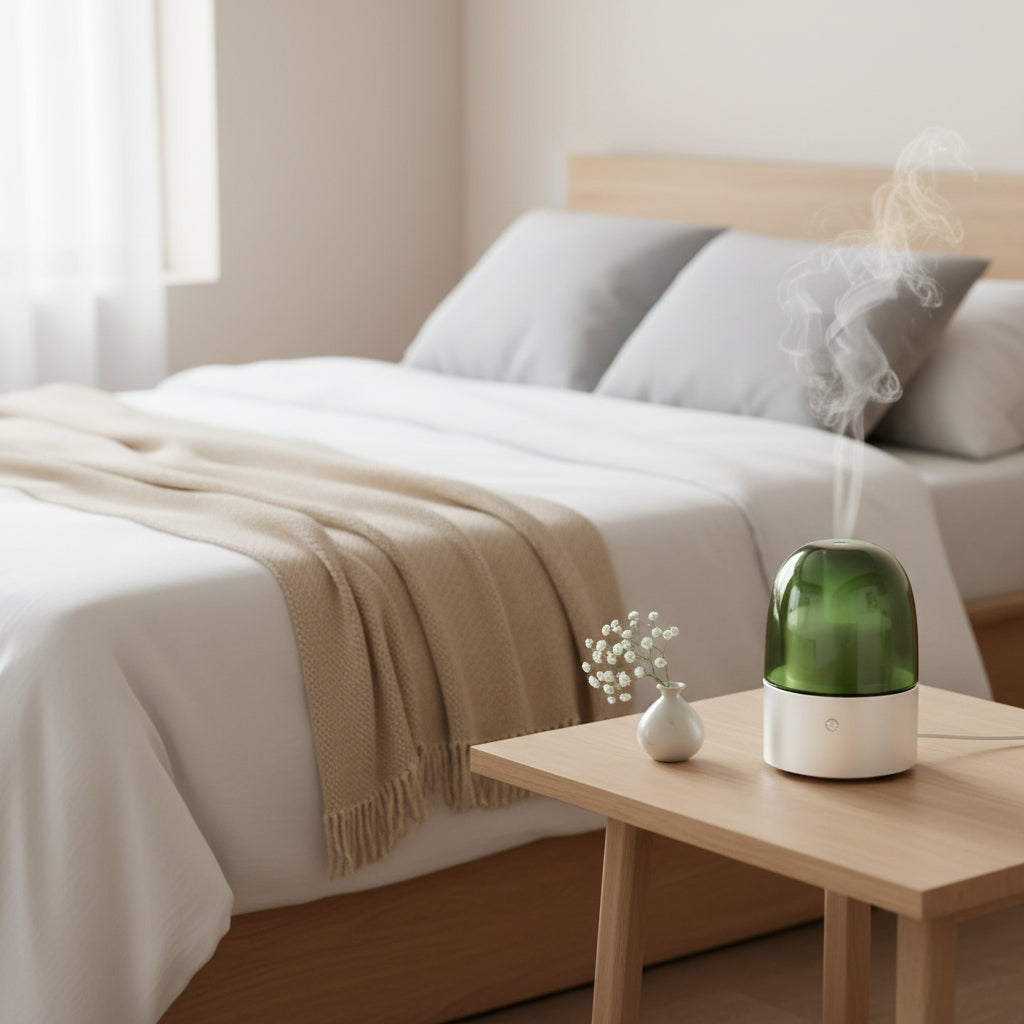 Green diffuser on a wooden nightstand next to a bed with white bedding and beige blanket.