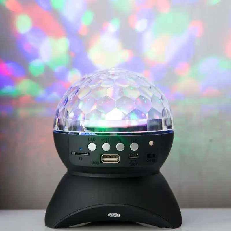 LED disco ball light projector with USB and control buttons on black base, rainbow lights