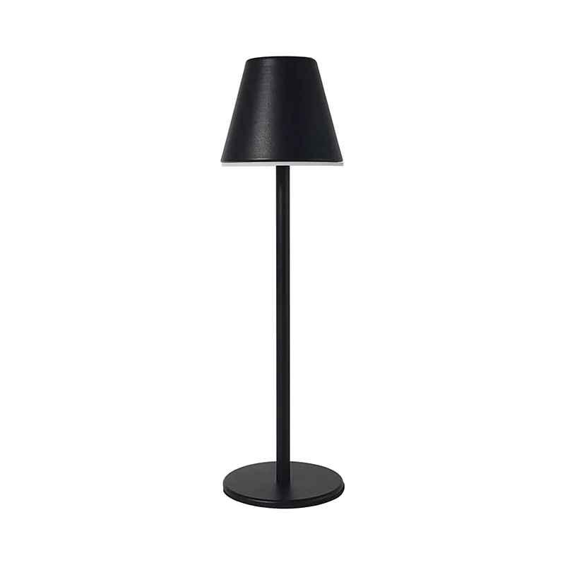 Minimalist black table lamp with conical shade and round base on white background