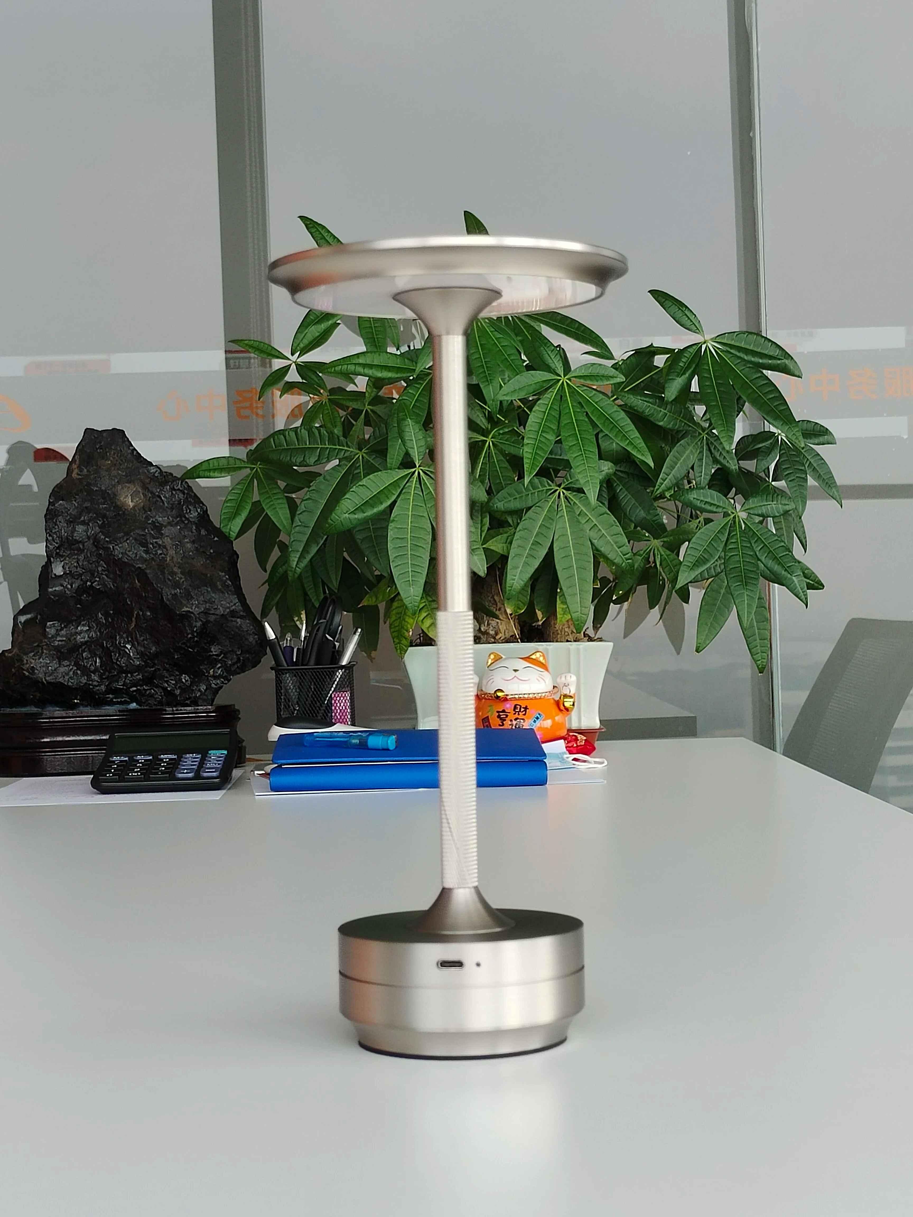 Modern silver desk lamp on office table with calculator, plant, and lucky cat figurine