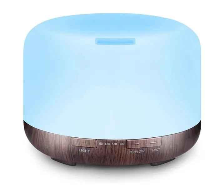 Essential oil diffuser with wood grain base and blue LED light, aromatherapy humidifier