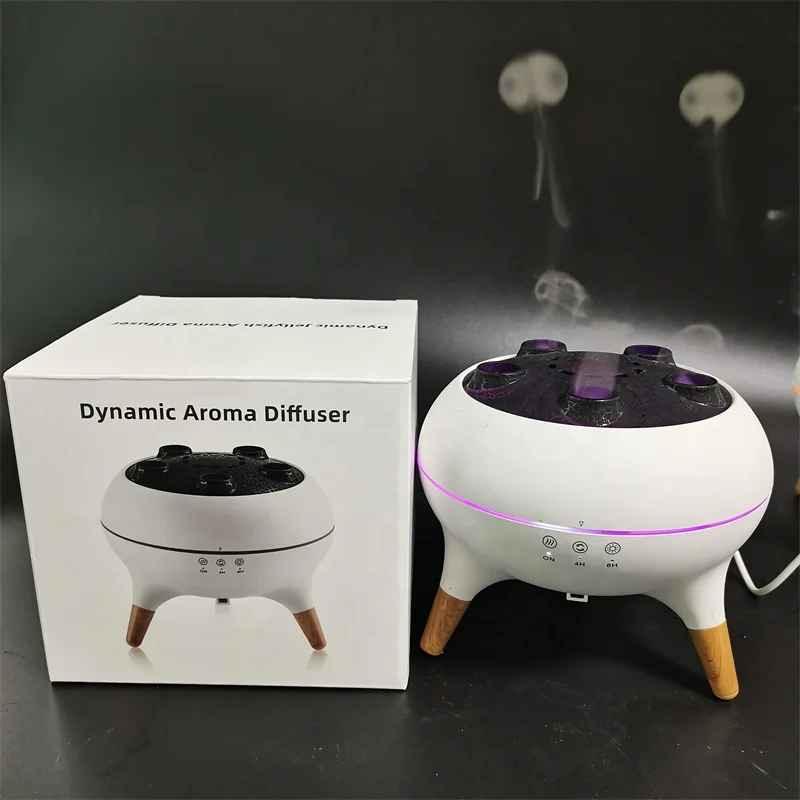 Dynamic Aroma Diffuser with box, modern white design and wood legs on dark background