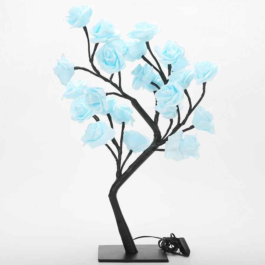 LED rose flower tree lamp with light blue blooms on black branches, tabletop decor
