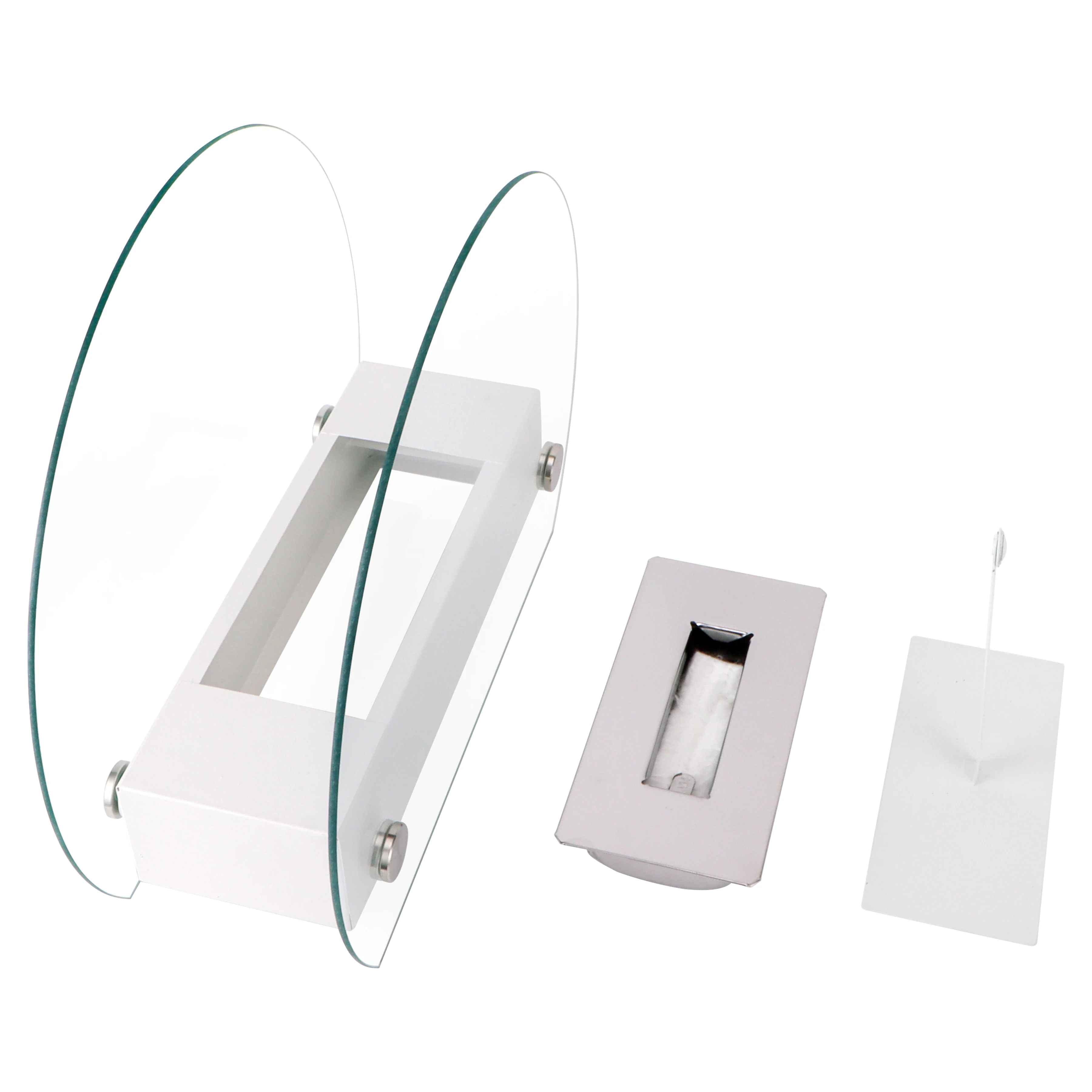 Modern tabletop s'mores kit with glass panels and stainless steel components on white background