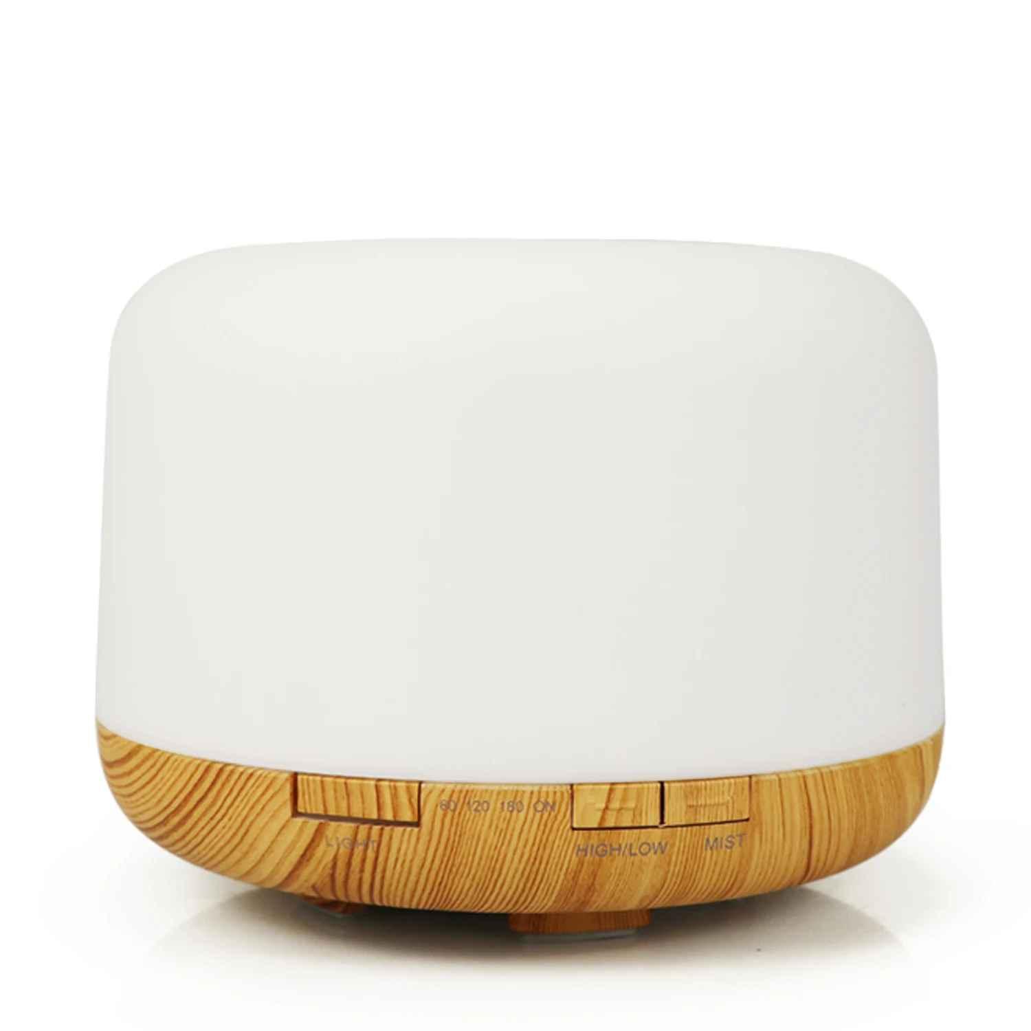 Wood grain essential oil diffuser with white top, modern home aromatherapy device