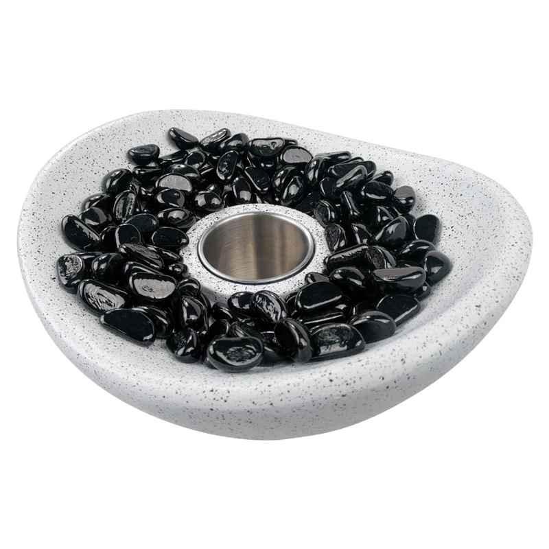 Spa stone candle holder with black polished stones in a white speckled ceramic tray