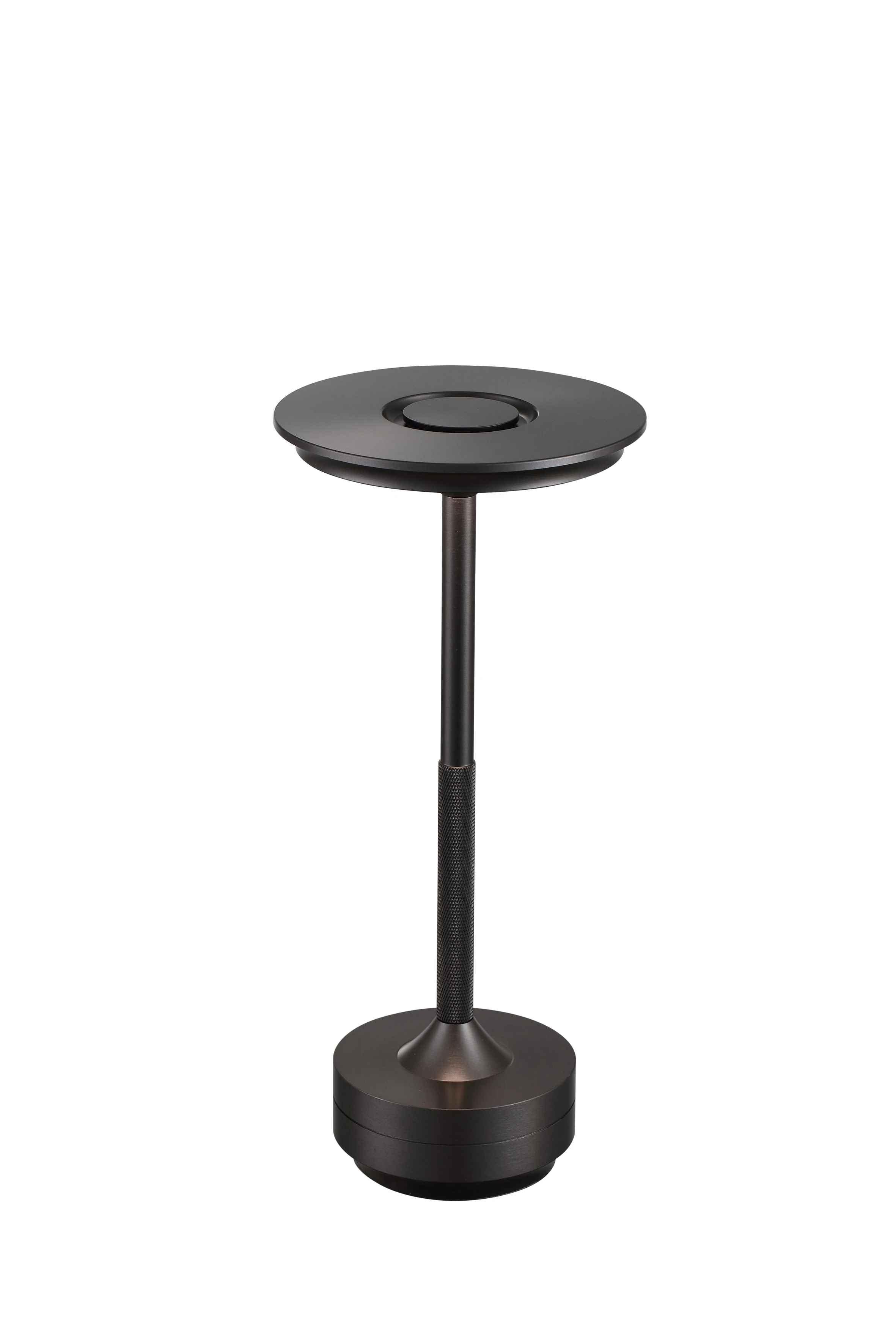 Modern black metal table lamp with round base and flat circular shade on white background