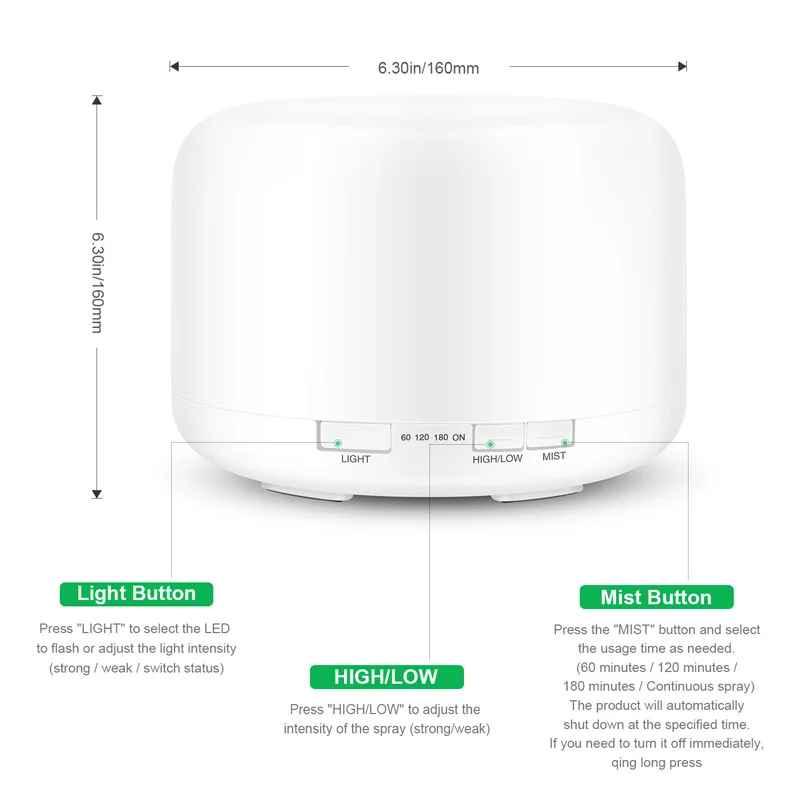 White essential oil diffuser with timer, light, high/low mist control buttons, 160mm size