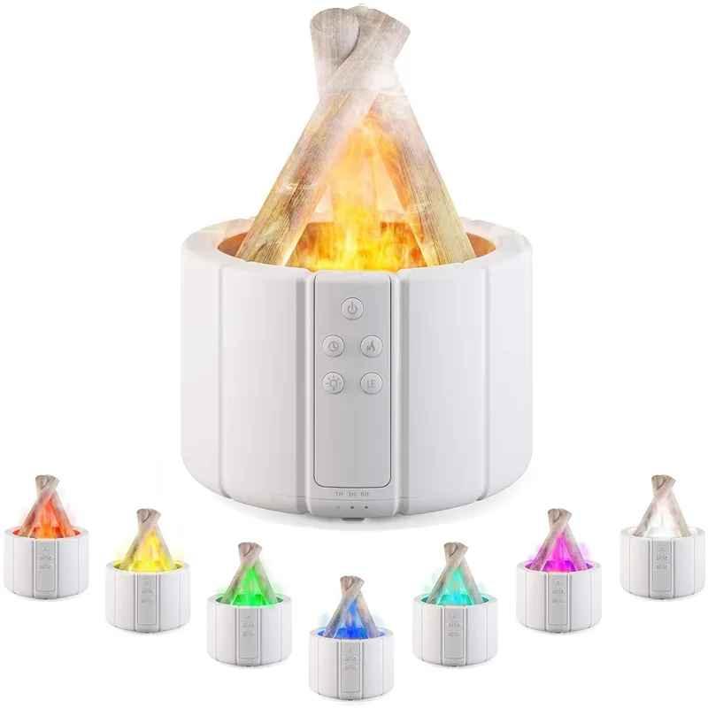 LED flame humidifier aroma diffuser with adjustable color lights and wood sticks, white base