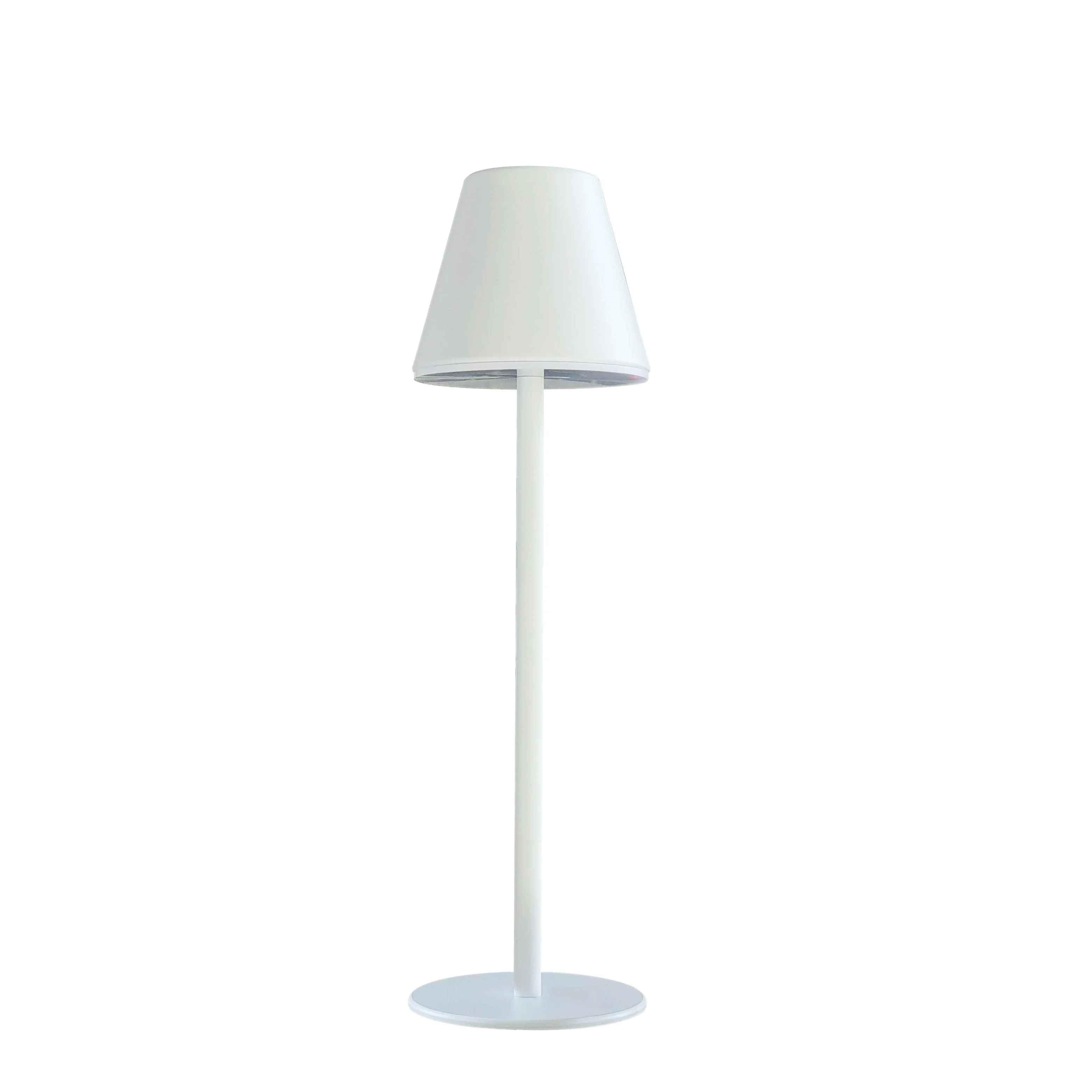 Minimalist white floor lamp with round base and cone lampshade on plain background