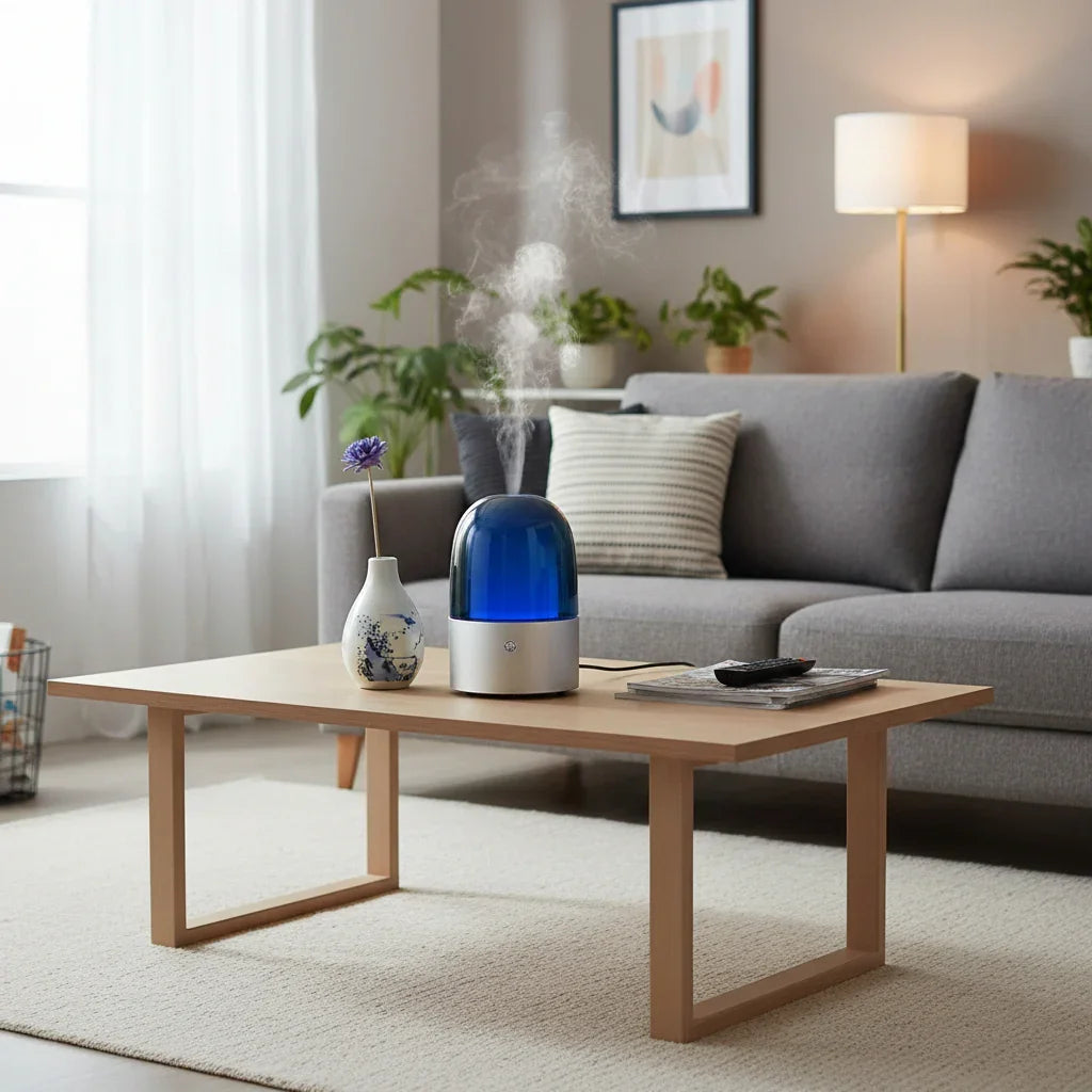 Blue and white diffuser on a wooden coffee table in a living room with a gray sofa and plants.