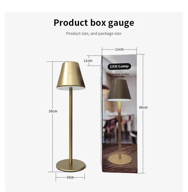Gold rechargeable cordless LED table lamp with dimensions, shown next to product box