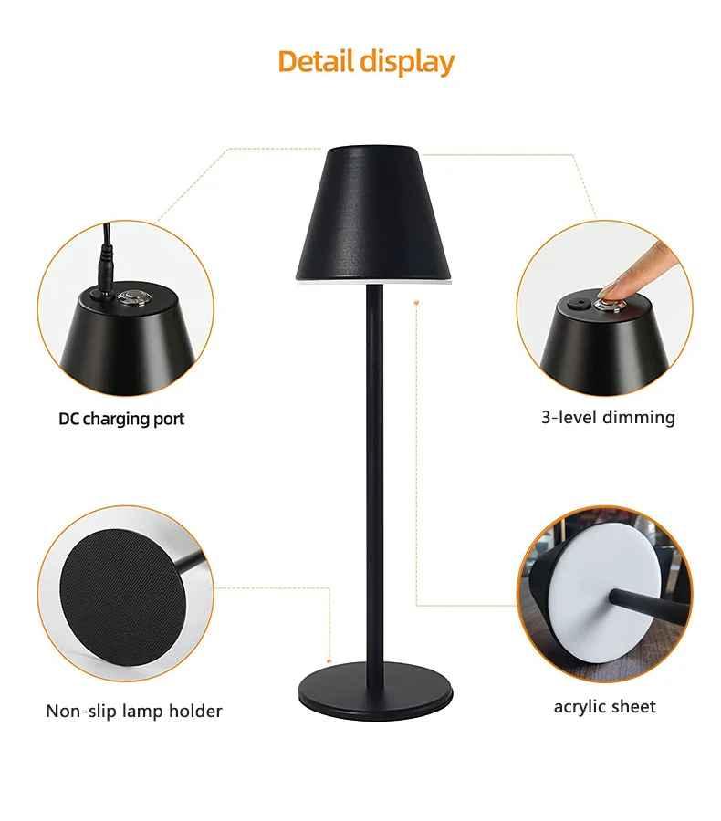 Black modern table lamp with DC charging port, 3-level dimming, non-slip holder, acrylic sheet