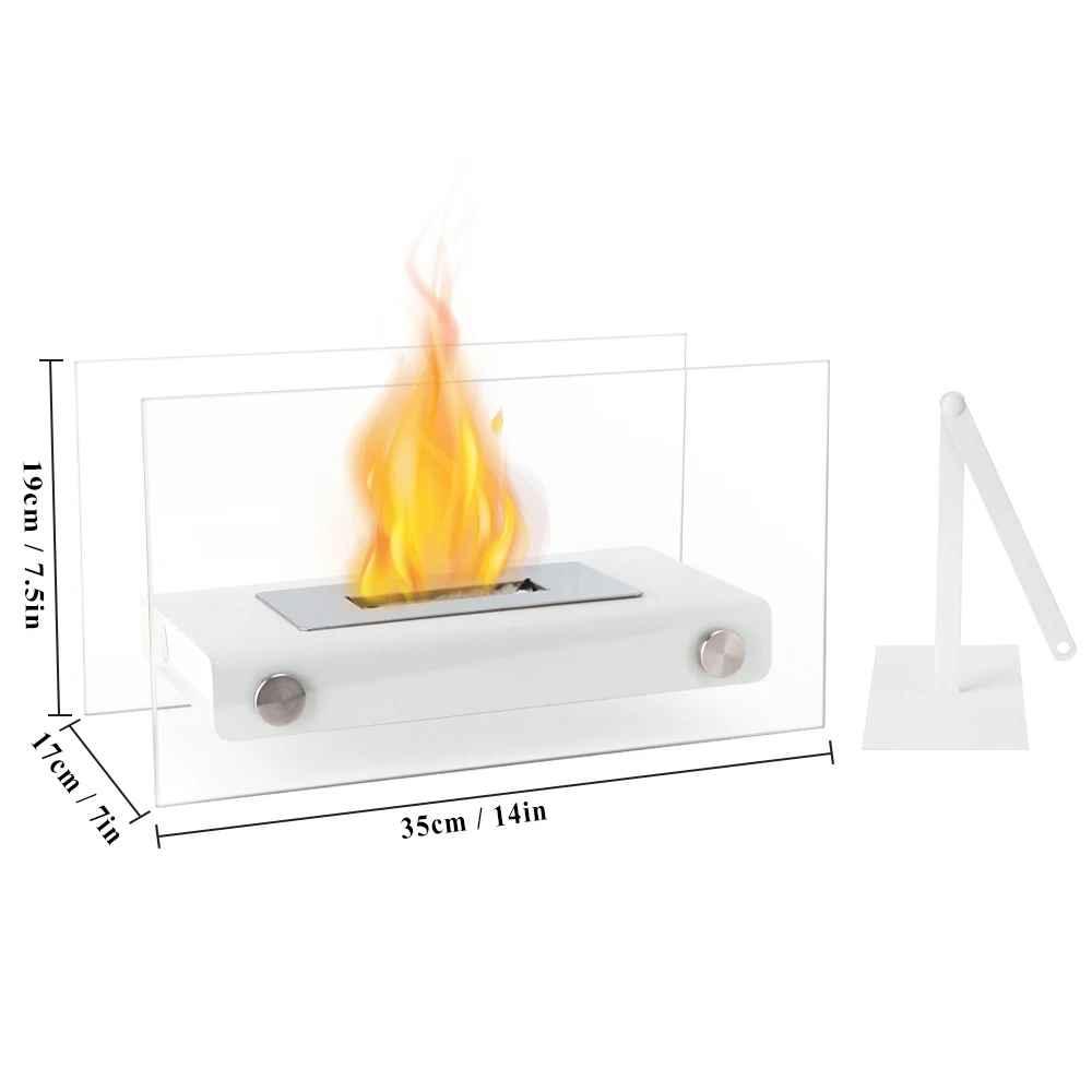 Tabletop white bio ethanol fireplace with glass panels, flame and size dimensions shown