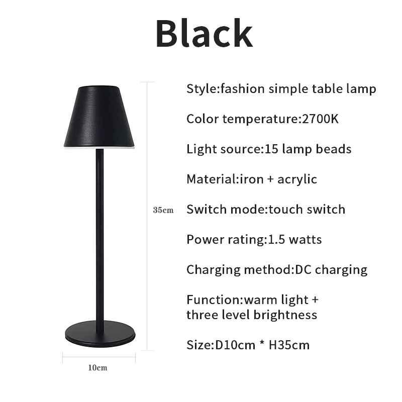 Black fashion simple table lamp, touch switch, warm light, H35cm, D10cm, iron and acrylic.