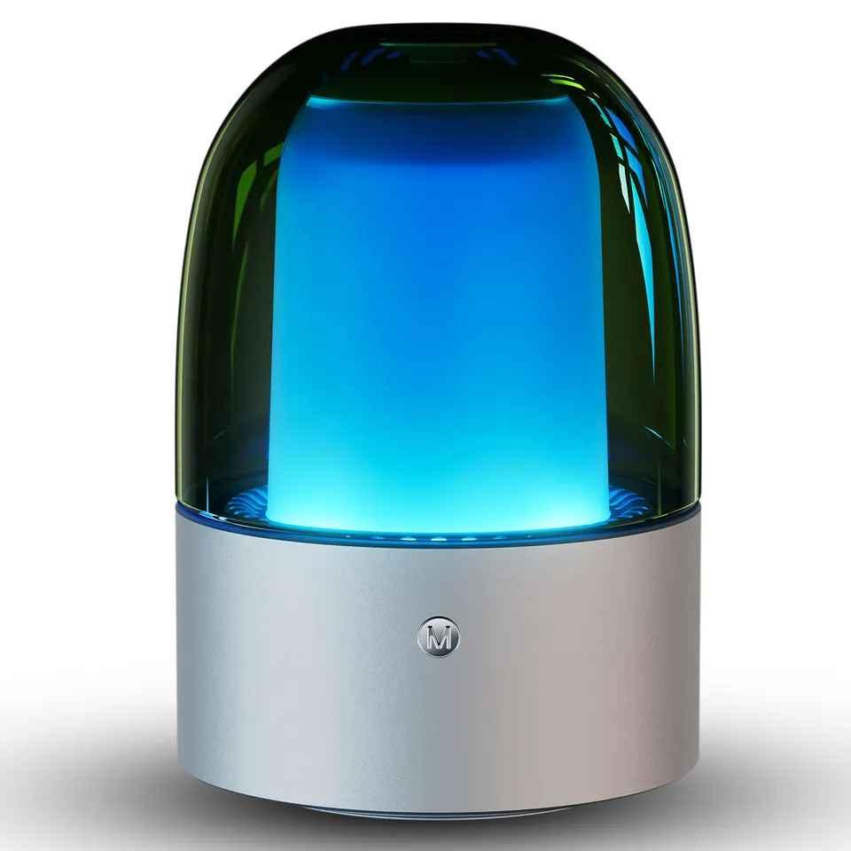 Blue cylindrical light with silver base on a white background