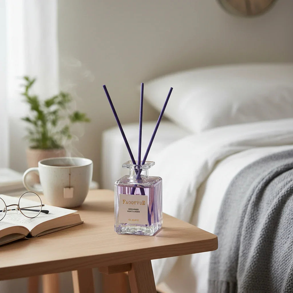 Reed diffuser on a wooden table with a cup, book, and plant in the background