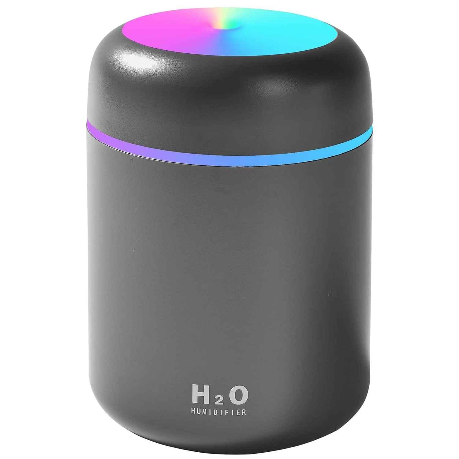 Grey H2O humidifier with LED color-changing top on white background
