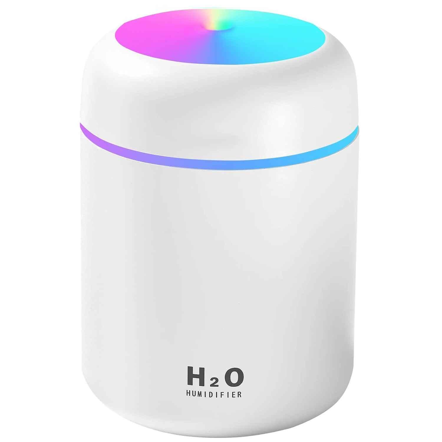 White H2O humidifier with LED color-changing top and modern cylindrical design