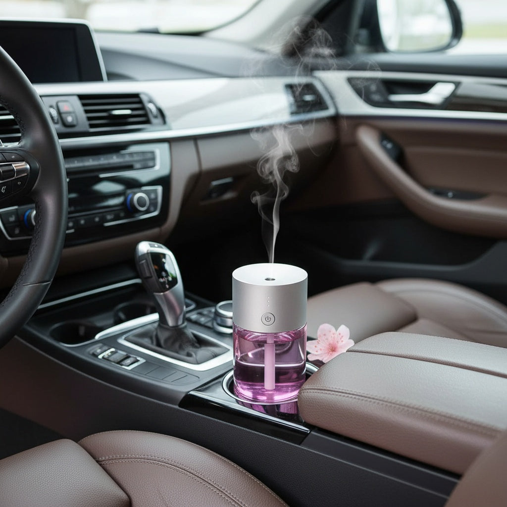 Car interior with a pink and white diffuser emitting steam.