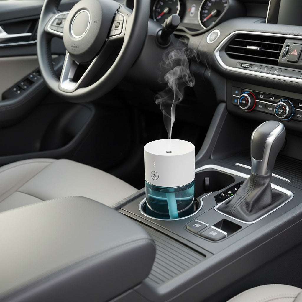 Car interior with a small humidifier on the dashboard