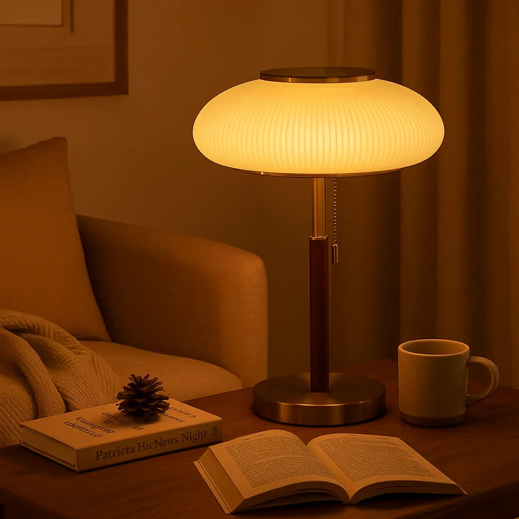 Cozy living room with warm lamp, sofa, books, and mug on wooden table