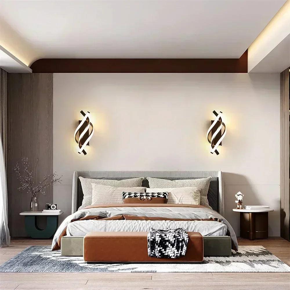 Modern bedroom with unique wall sconces, upholstered bed, and designer nightstands