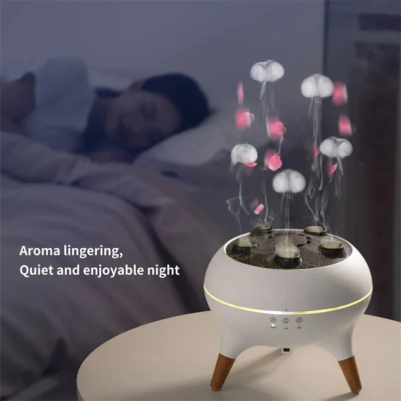 Aromatherapy diffuser releasing mist beside a sleeping woman in a bedroom at night