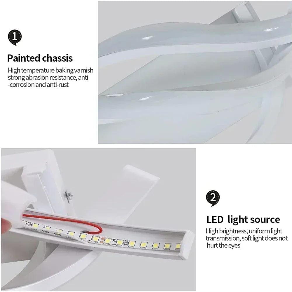 Modern LED ceiling light with white painted chassis and close-up of LED strip detail