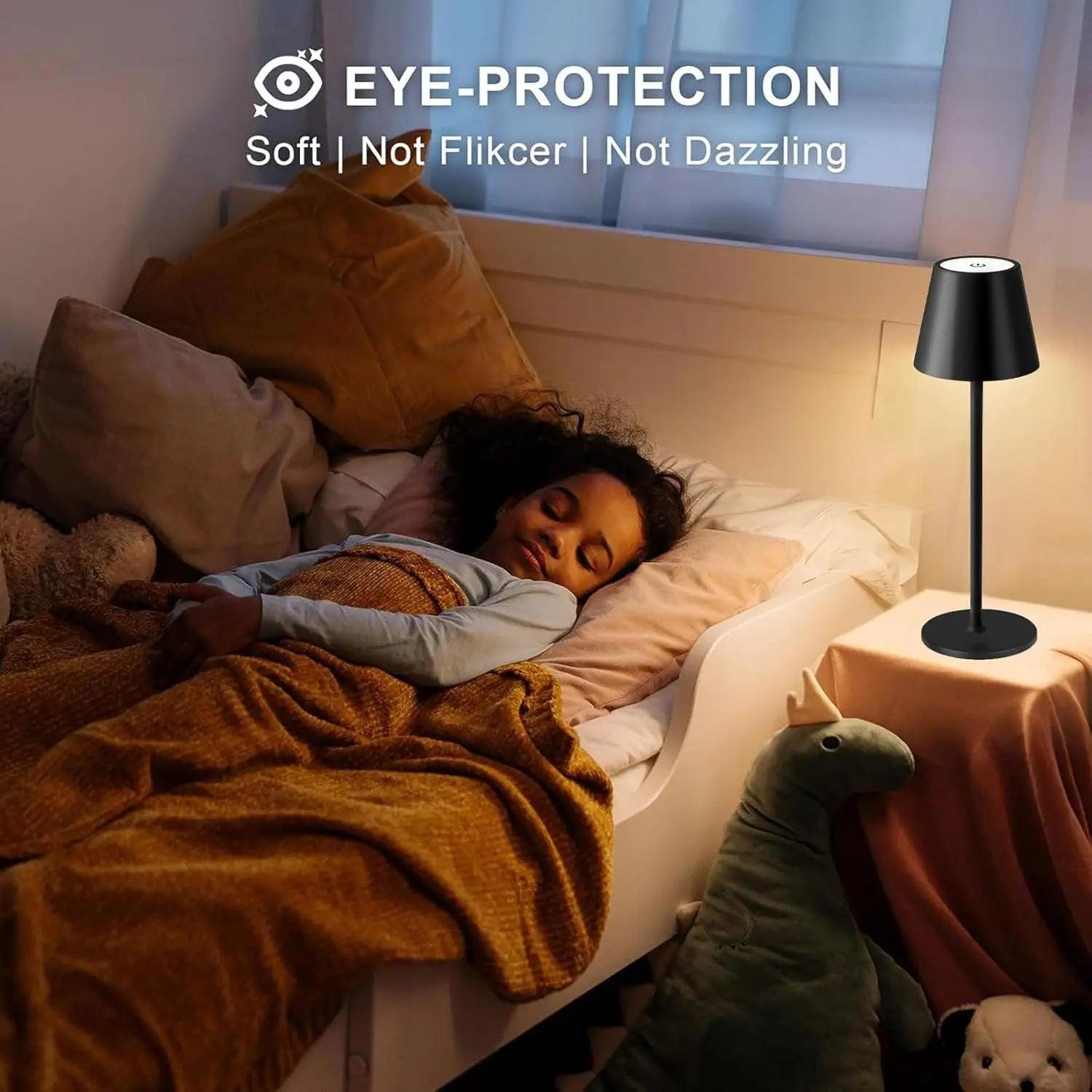Child sleeping in bed beside eye-protection bedside lamp, soft lighting, cozy bedroom