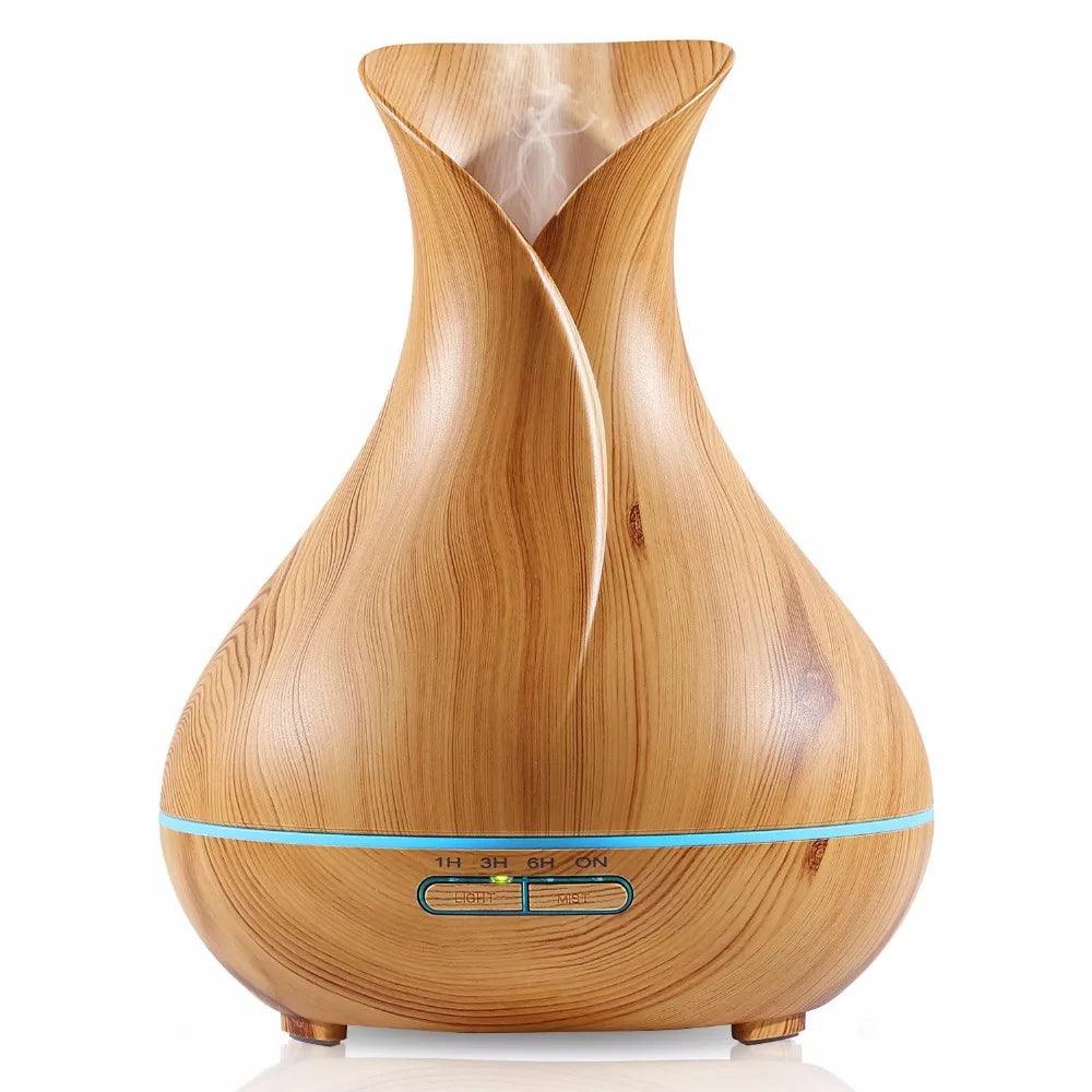 Wood grain essential oil diffuser with vase design and LED light, white mist emitting