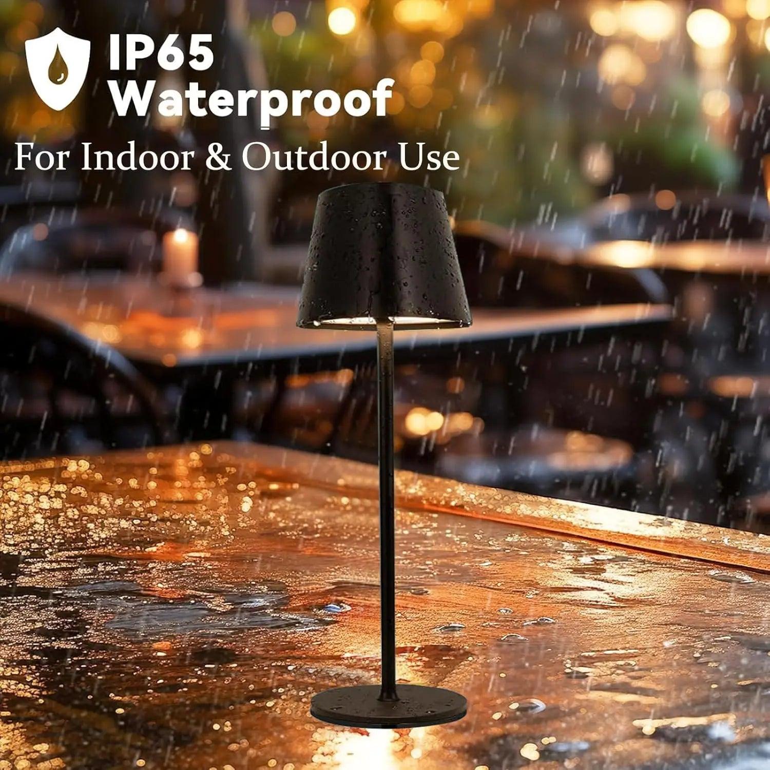 IP65 waterproof table lamp in rain on outdoor wet table, suitable for indoor and outdoor use