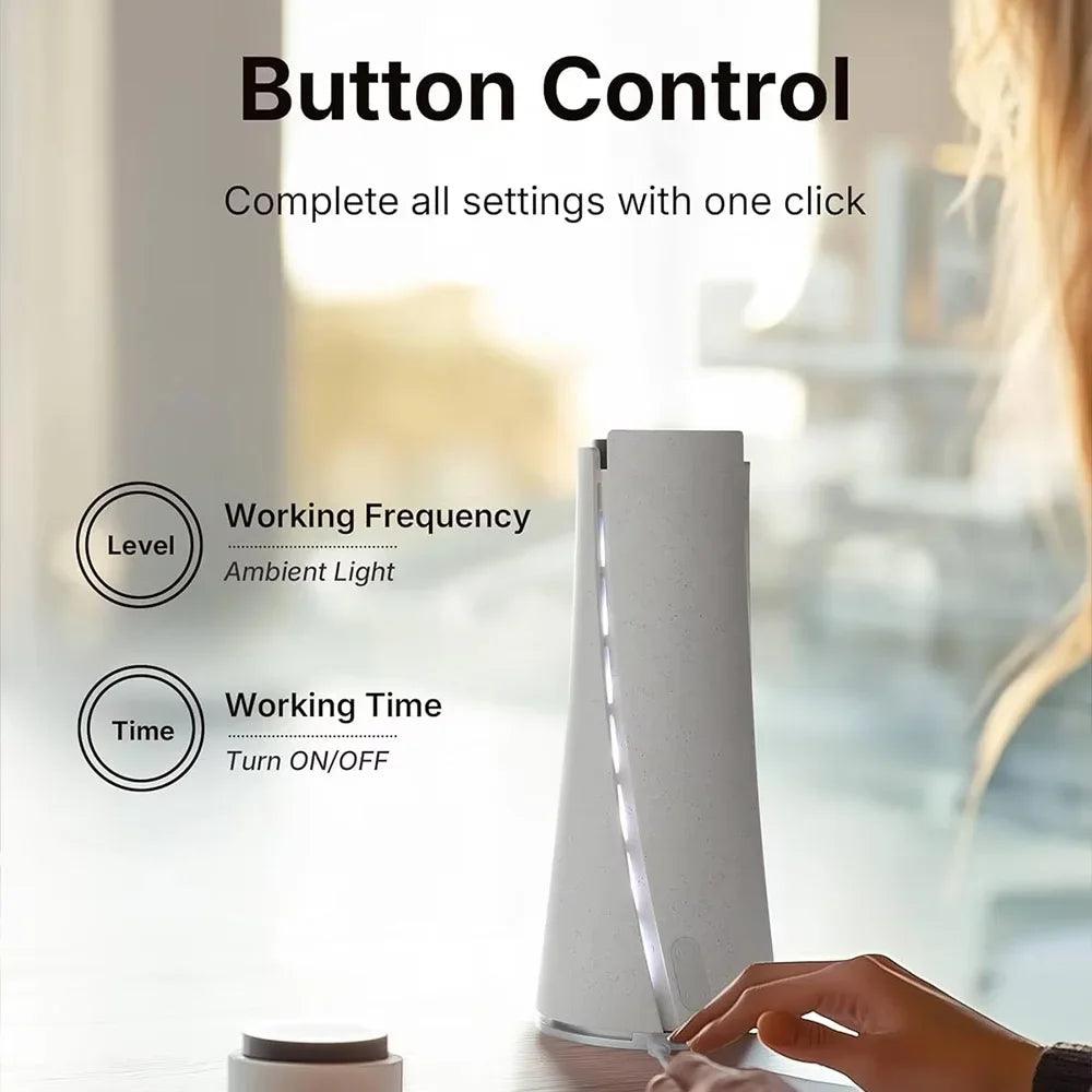 Modern LED ambient light with button control on desk, hand adjusting settings