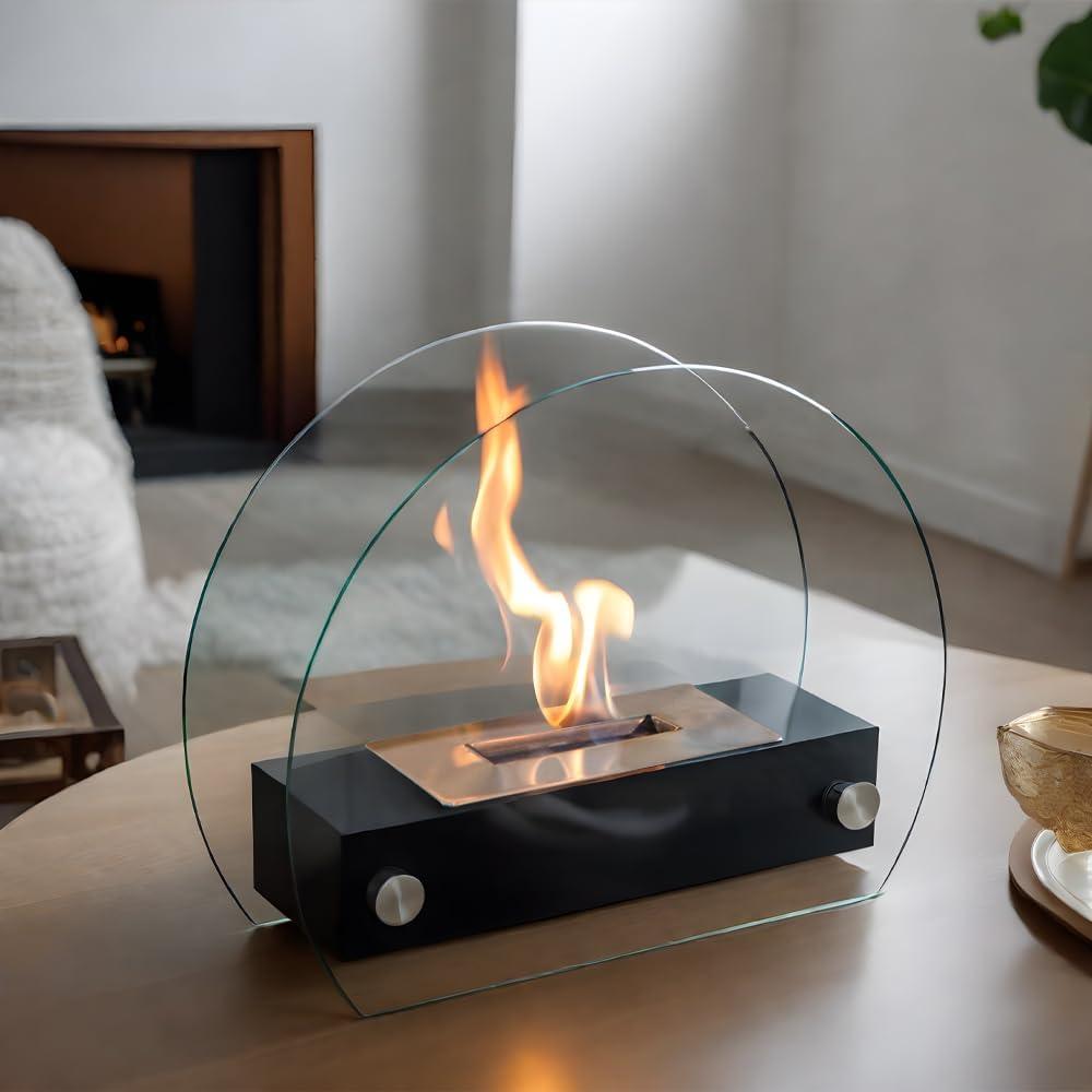 Modern tabletop glass and metal bioethanol fireplace on a wooden table in a minimalist living room