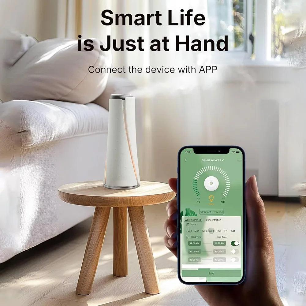 Smart home aromatherapy diffuser on wooden table controlled by app on smartphone in living room