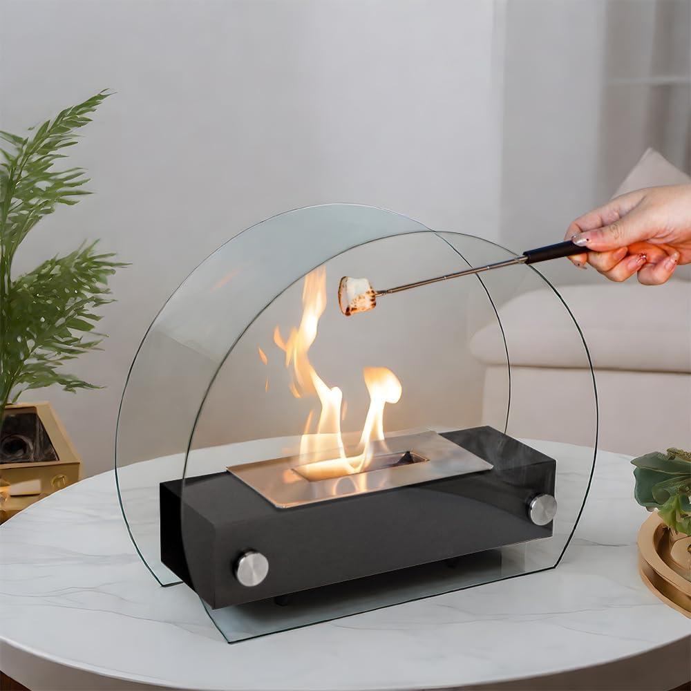 Modern tabletop fire pit with glass shield on a marble table, roasting marshmallow indoors