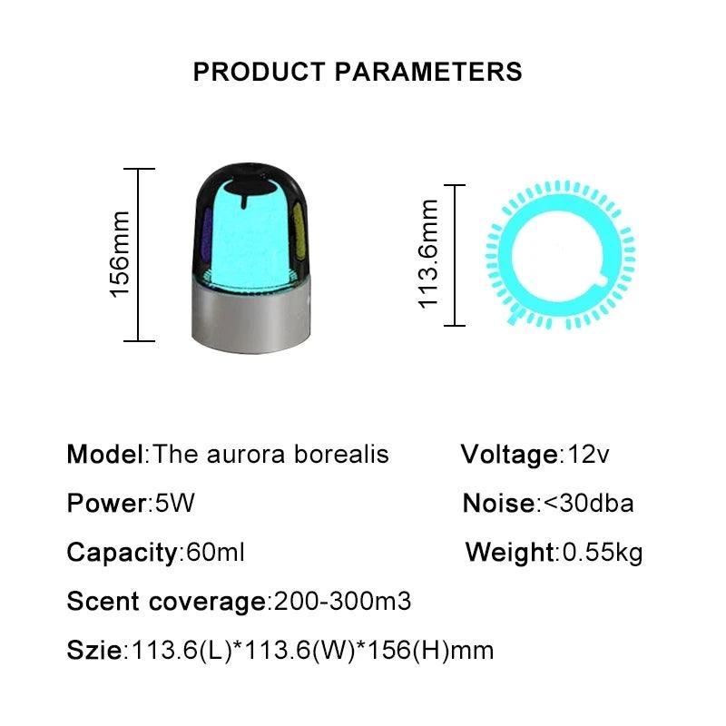 Aurora Borealis aroma diffuser with product dimensions and parameters on white background