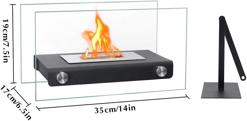 Tabletop glass-enclosed bioethanol fireplace with dimensions, modern black burner, and tool