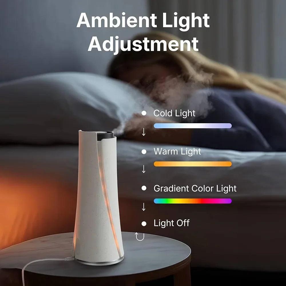 Bedroom scene with a modern humidifier diffuser on a nightstand, showing ambient light options.