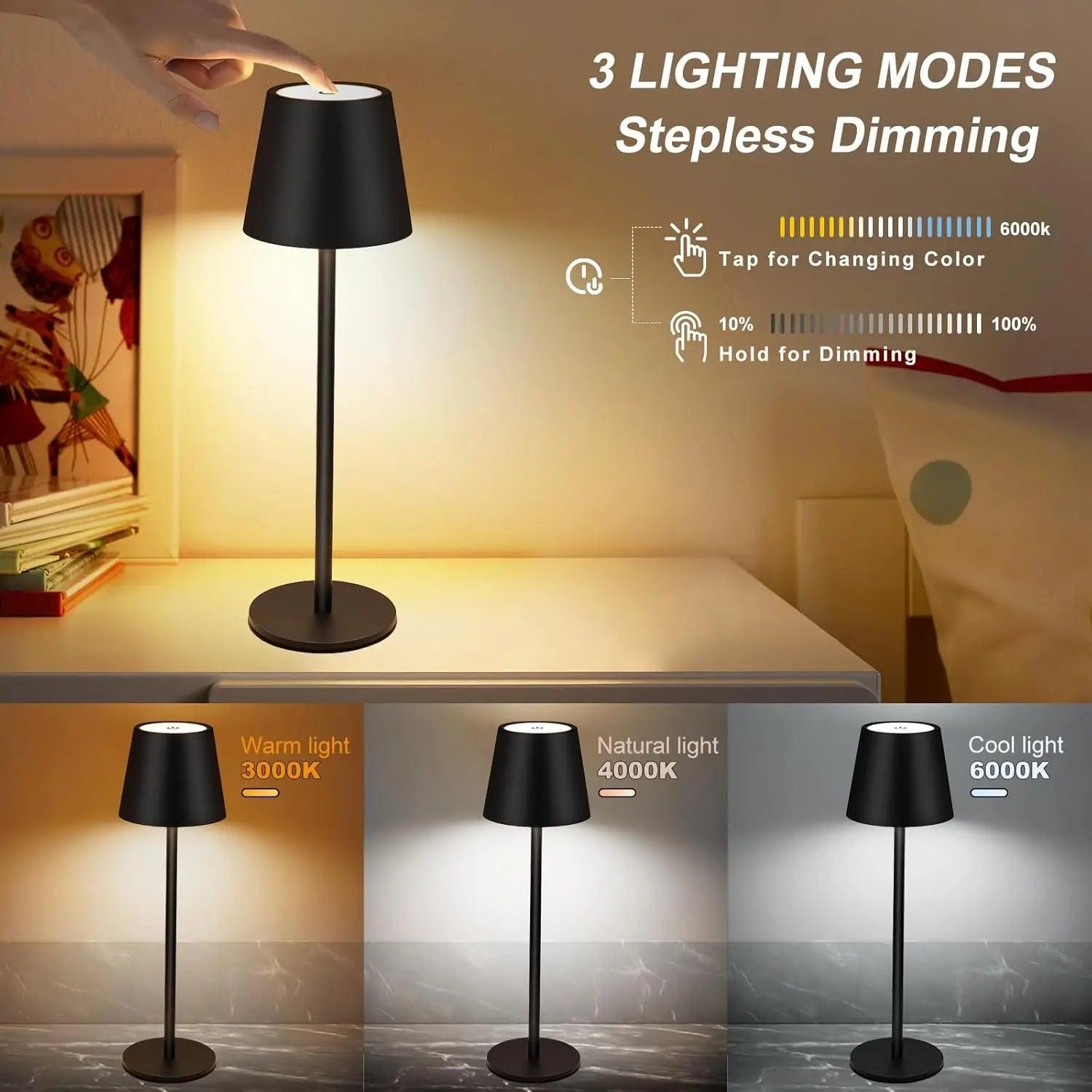 Black touch control table lamp on nightstand with three lighting modes: warm, natural, cool.
