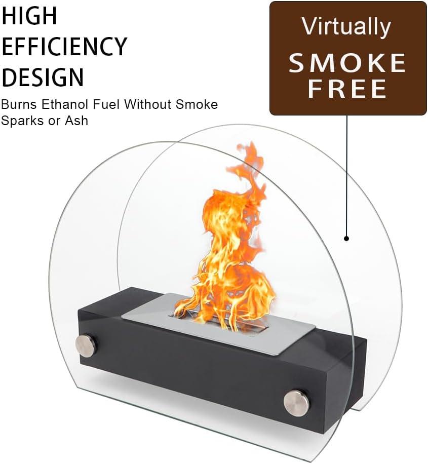 Modern tabletop ethanol fireplace with curved glass, high efficiency, virtually smoke free