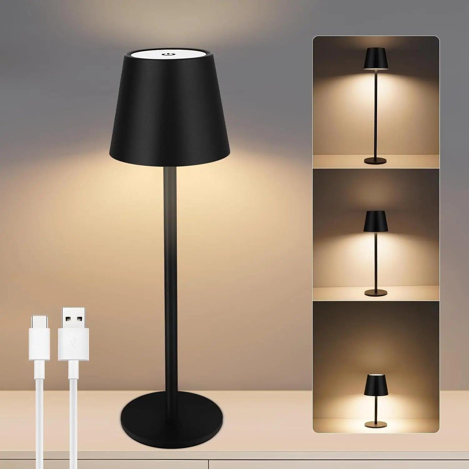 Sleek black rechargeable LED table lamp with USB-C cable and adjustable light settings
