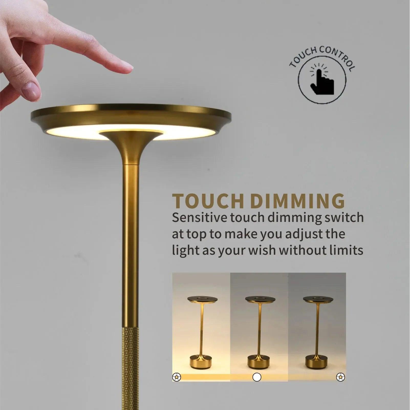 Gold touch dimming table lamp with hand adjusting brightness, modern LED lighting