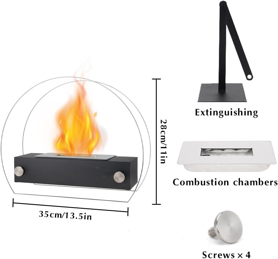 Black tabletop bioethanol fireplace with glass screen, extinguishing tool, combustion chamber, and screws. Dimensions: 35cm wide, 28cm tall.
