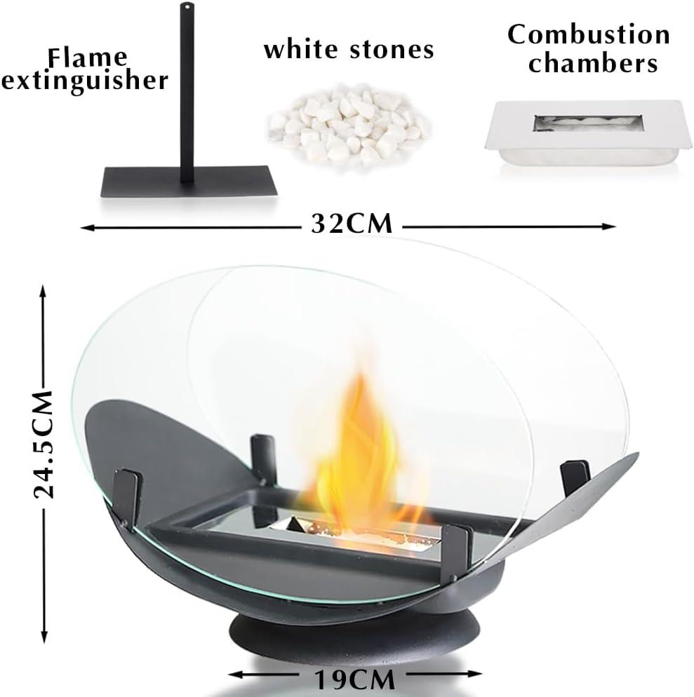 Tabletop bioethanol fireplace with glass shield, flame extinguisher, white stones, and combustion chamber, 32x24.5x19 cm size.