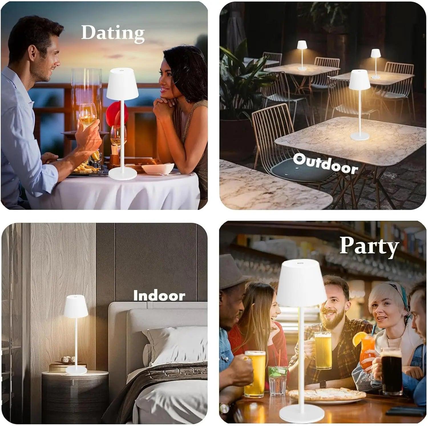 Modern white table lamp used in dating, outdoor, indoor, and party settings.