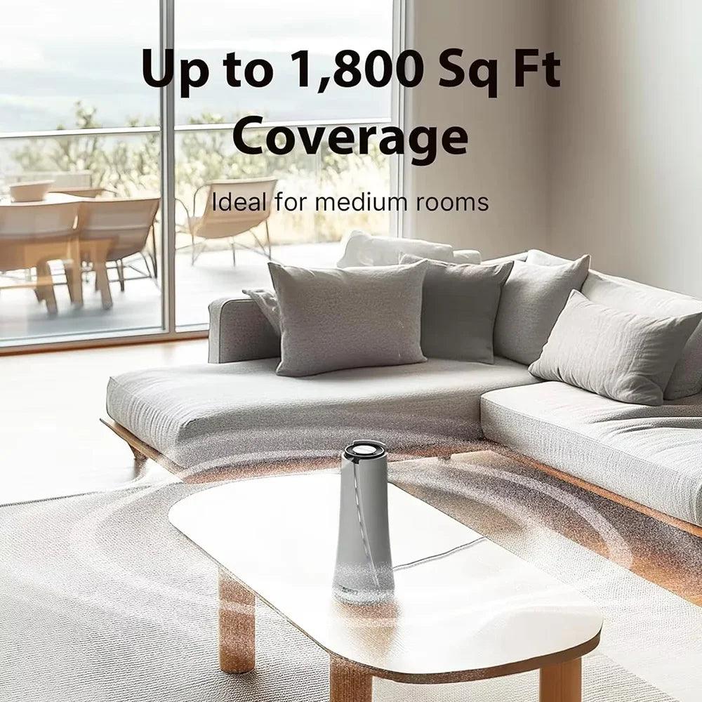 Air purifier on coffee table in modern living room, covers up to 1,800 sq ft, ideal for medium rooms