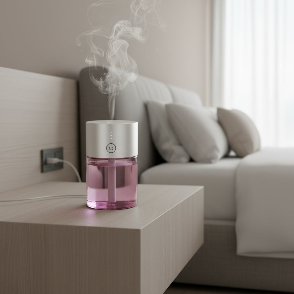 Pink humidifier emitting steam on a wooden surface with a blurred sofa in the background