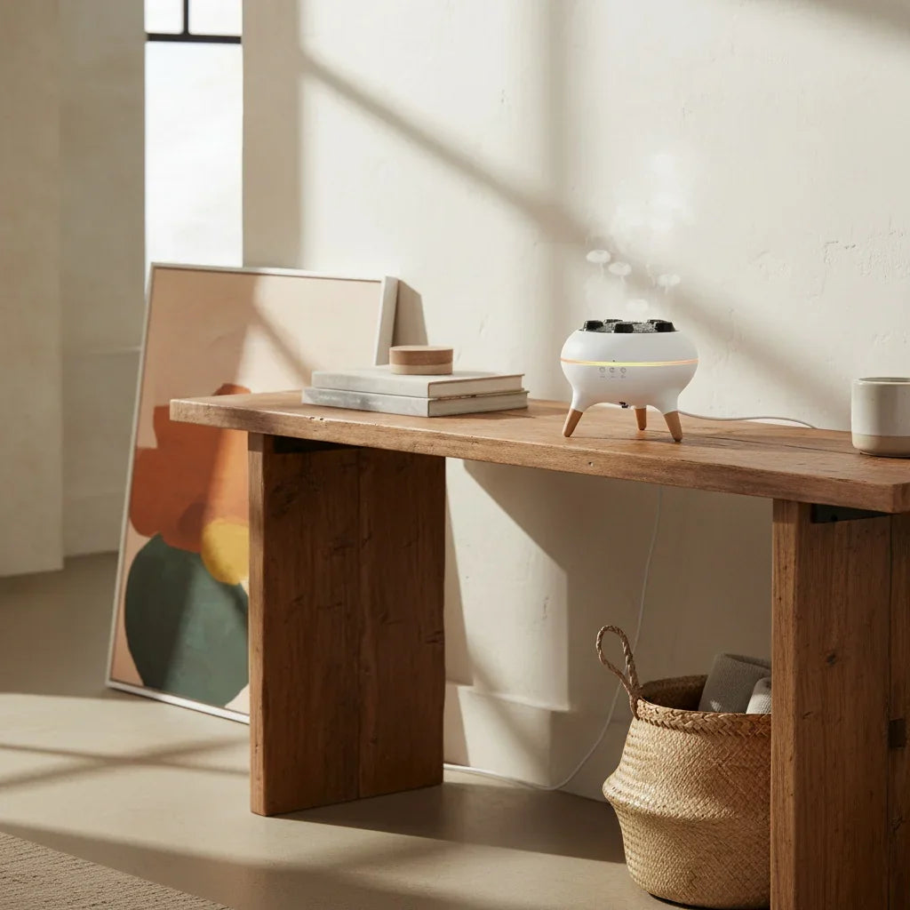 Wooden desk with a laptop, books, and a small white diffuser in a bright room.
