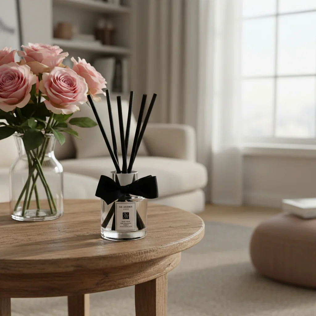 Diffuser with black sticks and a bow on a wooden table in a living room setting.